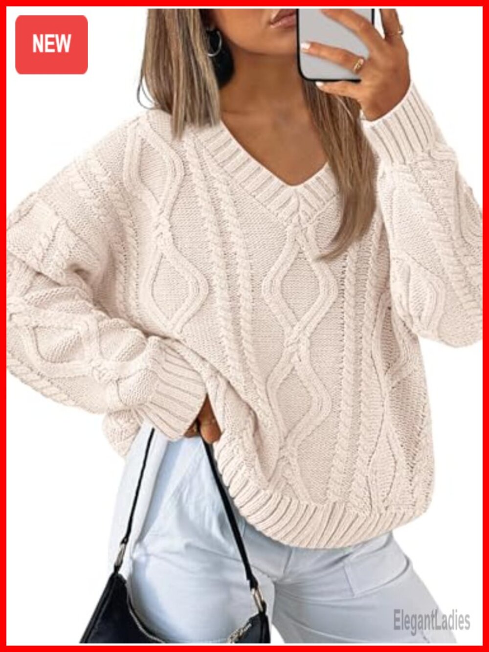 Womens V Neck Cable Knit Oversized Sweater Cotton Acrylic Pullover